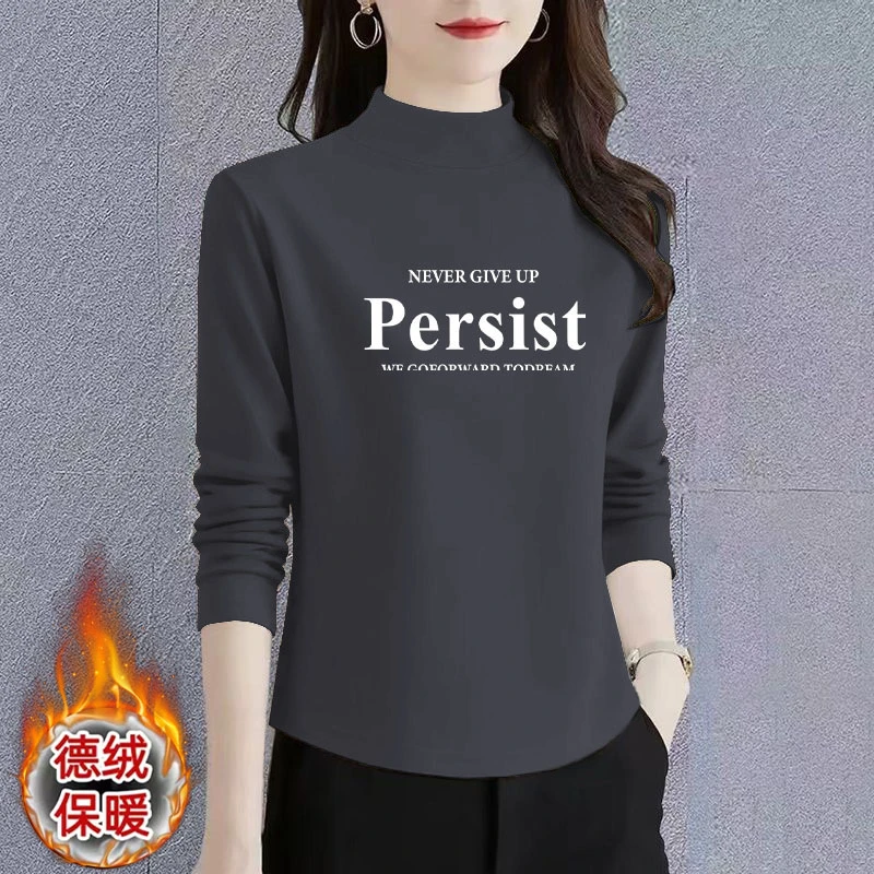 半高领长袖女圆弧形下摆秋冬款胖mm高级感德绒上衣T恤减龄套头ins