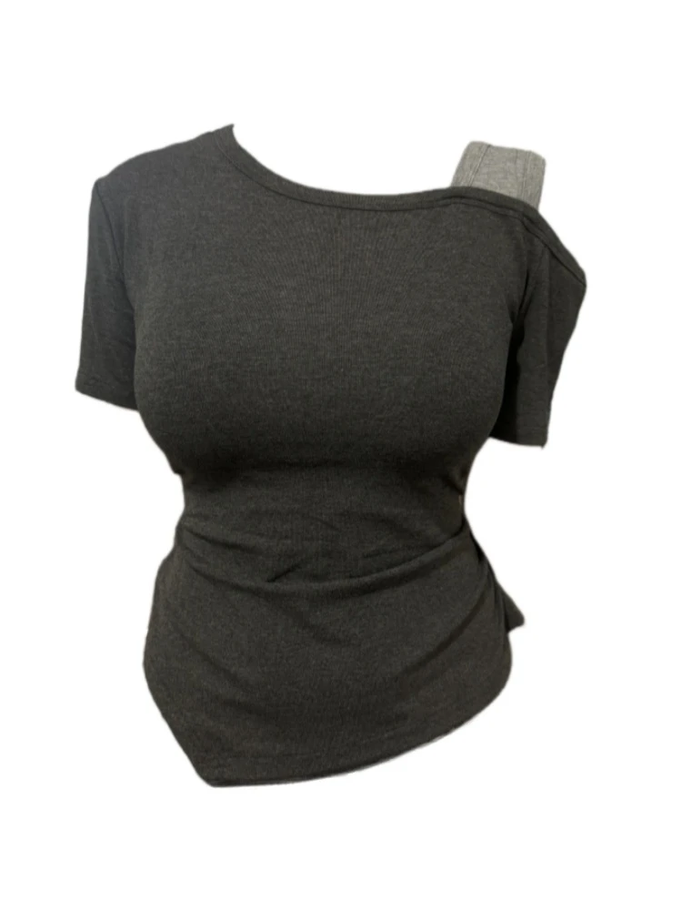 【Amy家】微胖mm设计感不规则露肩短袖T恤女夏季修身显瘦辣妹风上衣