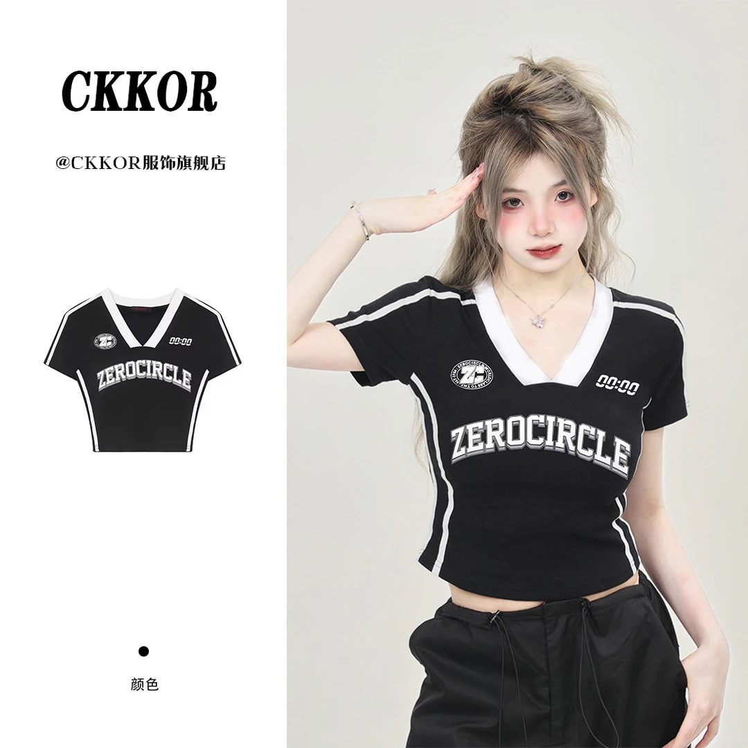 CKKOR美式时尚辣妹欧风显瘦短袖T恤女夏季新款小个子修身v领上衣