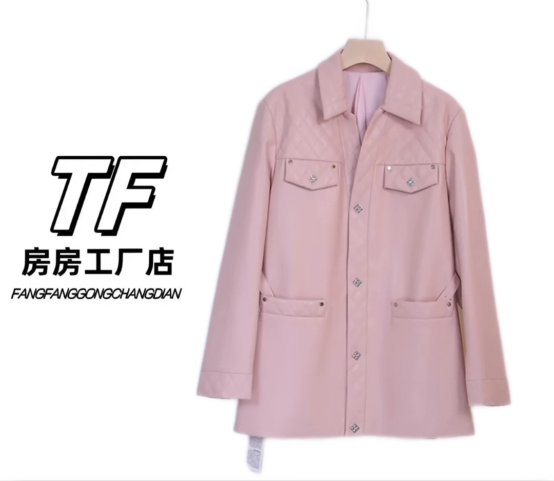 064中长款修身型长袖工装风显瘦皮衣设计师气质秋季休闲