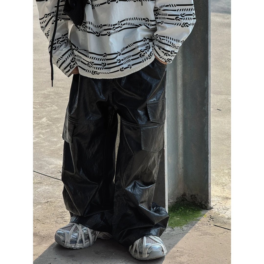 THE LUHAN【闪闪发光】 阔腿潮流秋款直筒中大男童皮裤24321