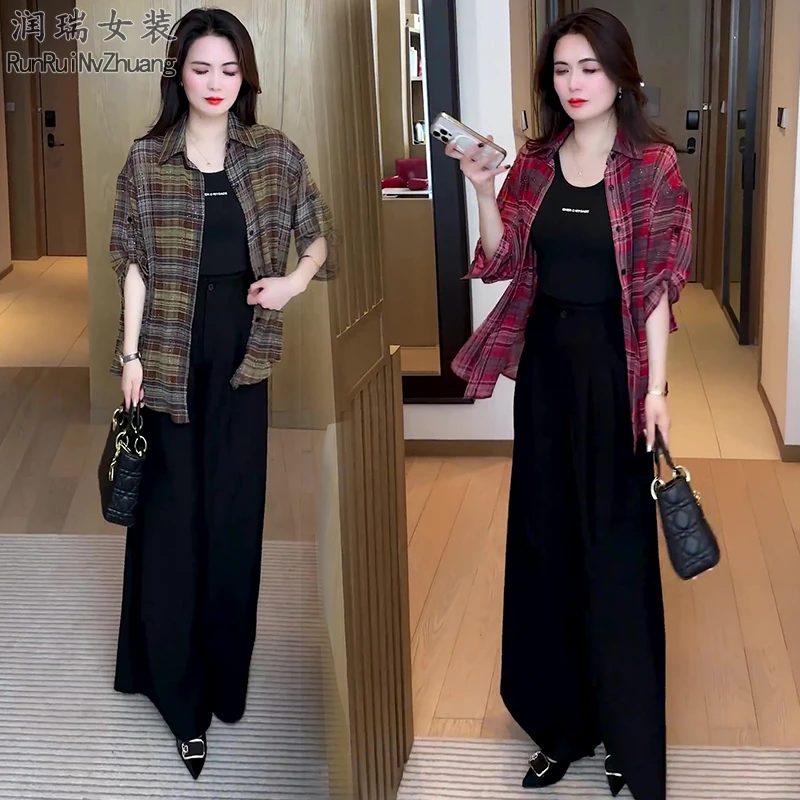 夏季长袖衬衫上衣夏季中长款外套洋气韩版大码妈妈装宽松型格子潮