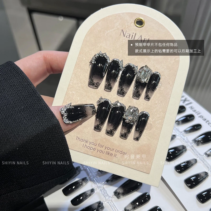 预制甲片新款黑色渐变蕾丝穿戴甲半成品中长梯网红爆款高级感美甲