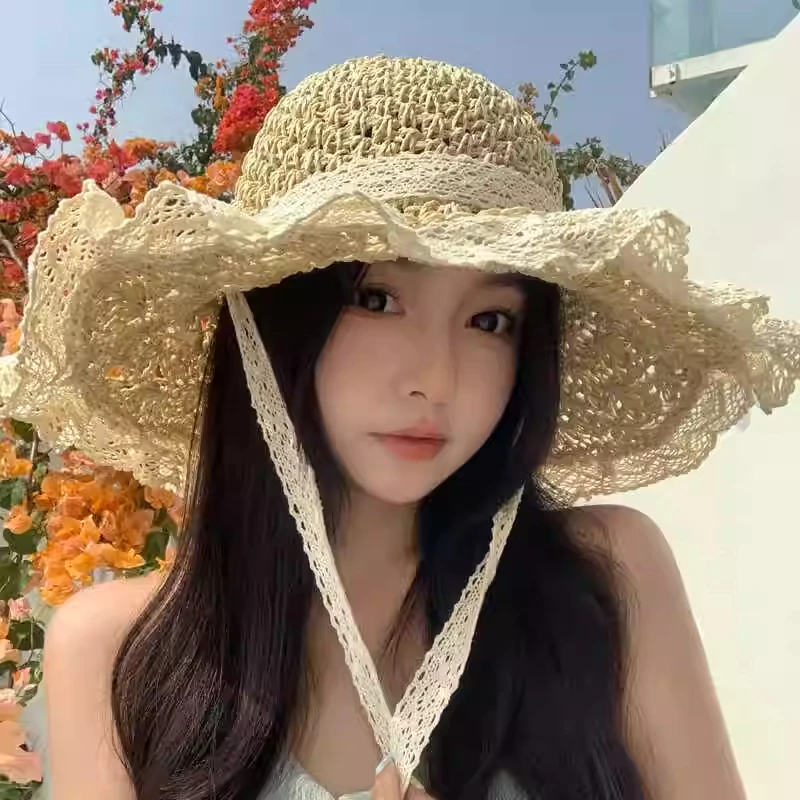 草编防晒遮阳帽子女田园风休闲百搭蕾丝海边沙滩草帽大帽檐太阳帽
