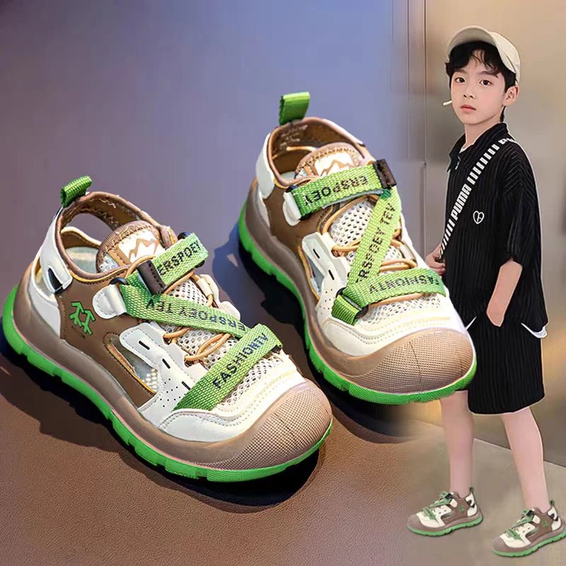 ABC男童运动凉鞋2025新款夏季镂空儿童单网鞋软底防滑沙滩鞋凉拖