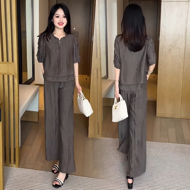 时尚新中式国风套装女夏季新款洋气遮肚显瘦上衣阔腿裤冰丝两件套