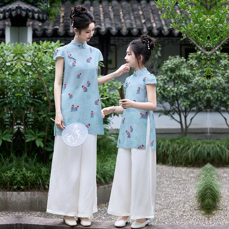 女童旗袍裙裤夏装2025新款儿童新中式国风套装女孩夏季汉服母女装