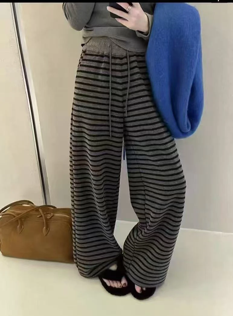 【亿嘉】2025新款时尚慵懒松弛感休闲宽松条纹糯米拖地阔腿裤百搭