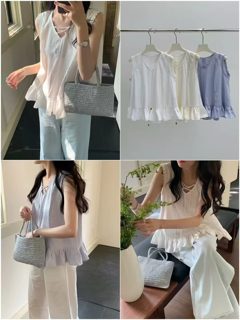 6283  v领系带重工蕾丝拼接荷叶边甜美上衣  vvs