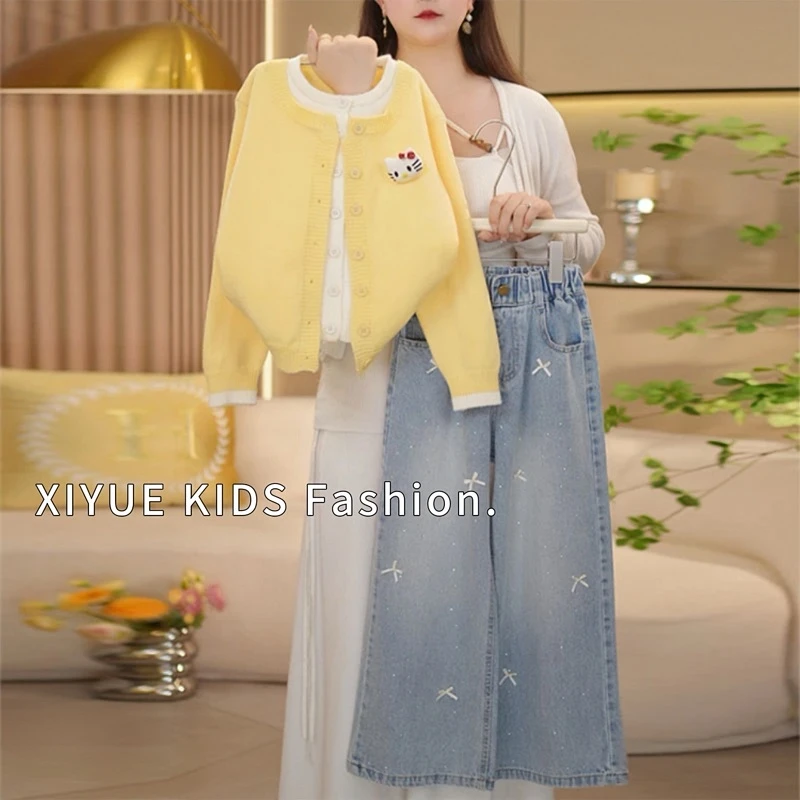 女童春款套装2025新款卡通假两件针织上衣开衫烫钻牛仔裤两件套潮