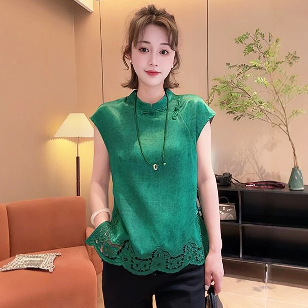 夏季新中式国风刺绣上衣女时尚气质显瘦百搭洋气立领短袖衬衫女潮