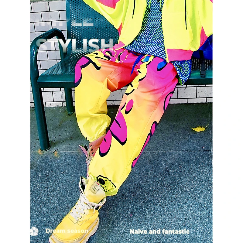 彩色字母休闲裤秋季新款撞色渐变图案潮牌宽松大码运动卫裤HKC176