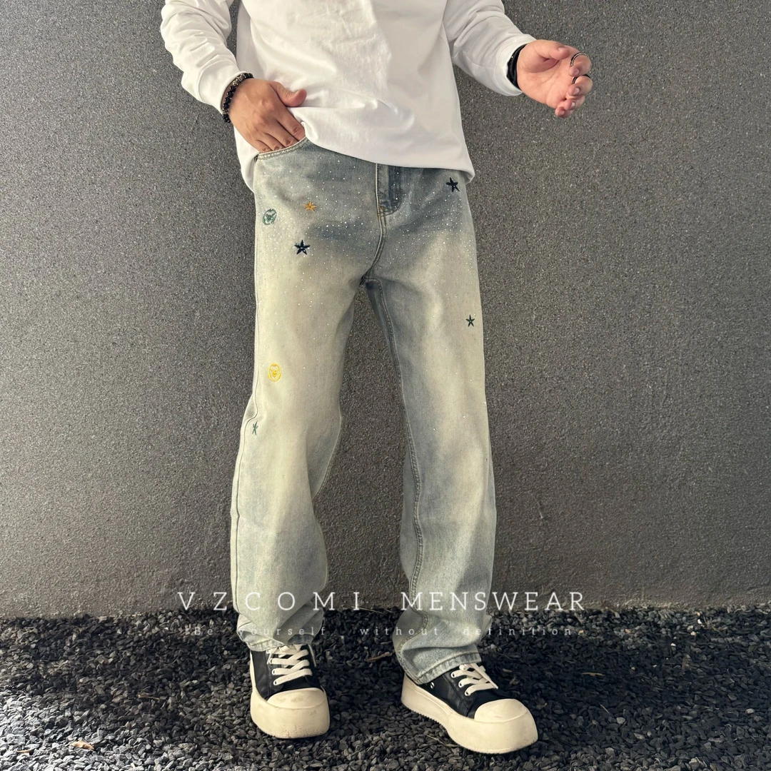 美式巴黎风刺绣老花重工烫钻水洗牛仔怀旧流光风宽松直筒牛仔裤