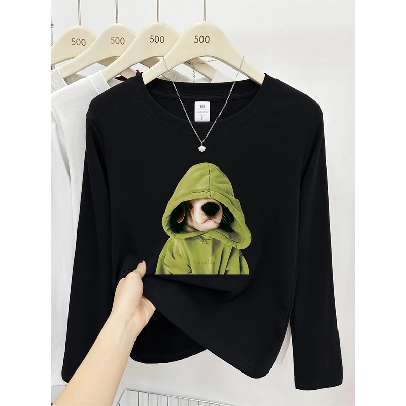 潮牌狗狗印花正肩长袖T恤女秋冬新款时尚大码显瘦圆领上衣打底衫