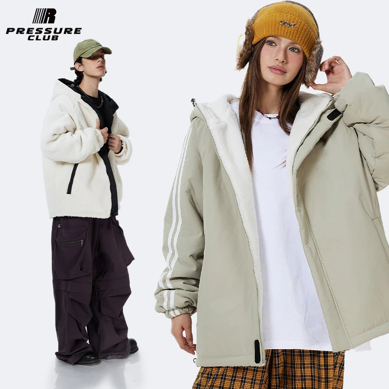 PRESSURE双面穿美式复古拼接撞色条纹印花休闲宽松保暖棉服外套