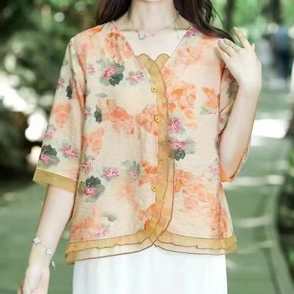 1386-23（桔色）新款时尚印花小衫