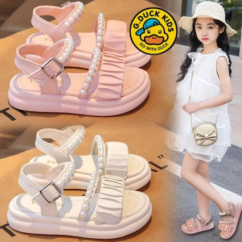 小黄鸭女童珍珠凉鞋2025夏季新款中大童魔术贴凉鞋防滑舒适沙滩鞋