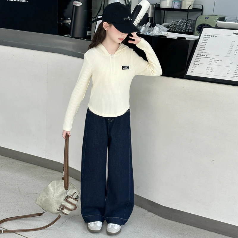 女童秋季2025新款洋气连帽长袖T恤小女孩童装大童秋装打底衫套装