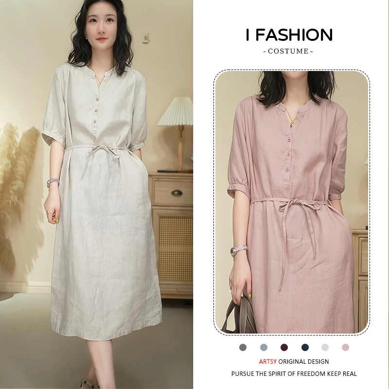 小众短袖收腰系带遮肉连衣裙女士2025年夏季新款韩系设计感裙子潮