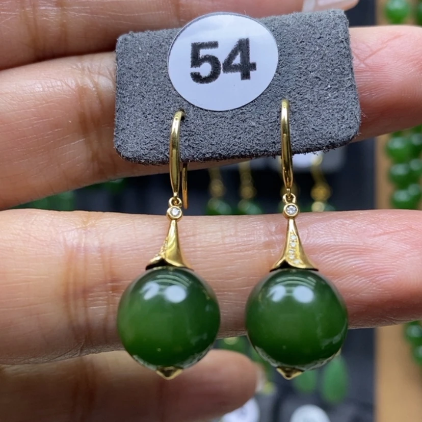 【闪购商品】和田玉耳饰18K金镶嵌11.9mm圆珠重金耳饰