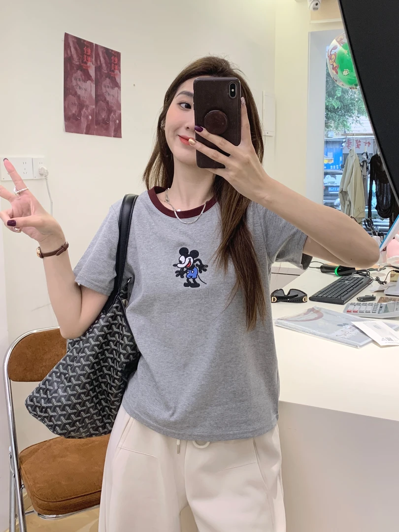 春夏新款插色短袖女百搭休闲ins风宽松潮流小众圆领设计感D3女式