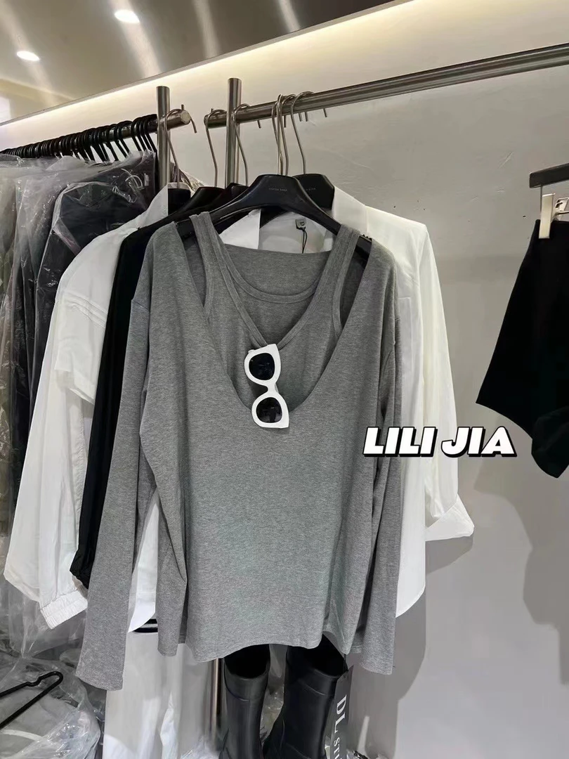 「小吴家」休闲百搭背心吊带+时尚个性气质长袖宽松T恤两件套