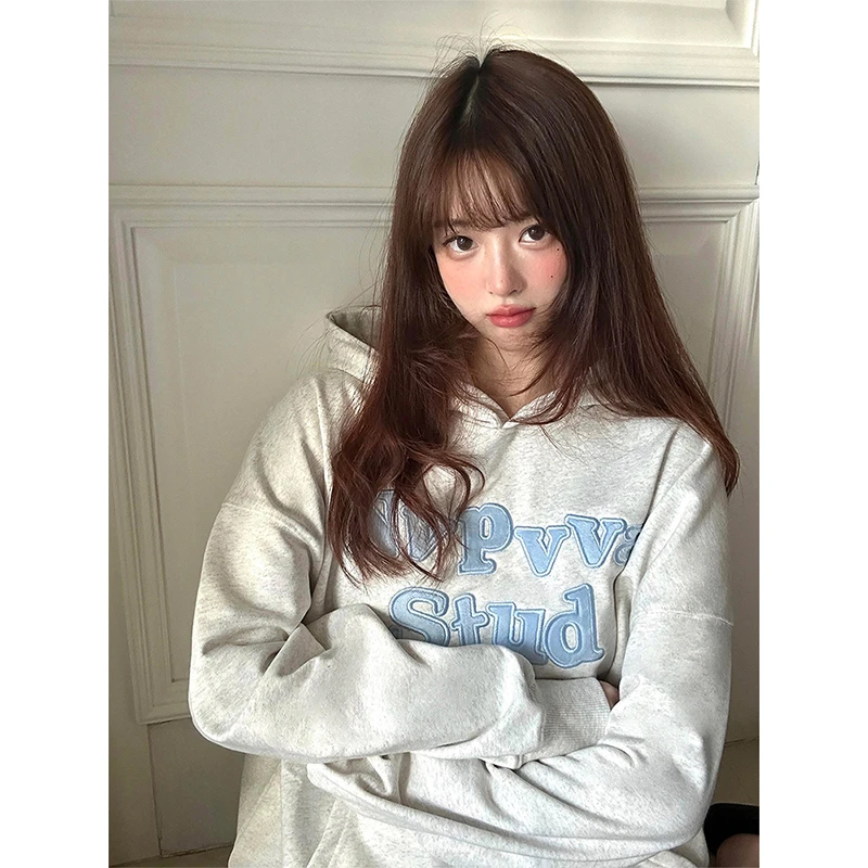 美式复古连帽卫衣女秋季新款刺绣重磅帽衫慵懒风宽松显瘦情侣上衣