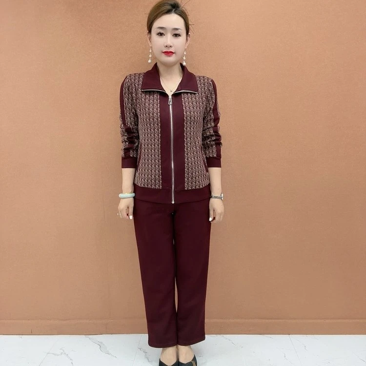大码妈妈装立领格子常规款时尚中老年女装秋季外套气质开衫套装