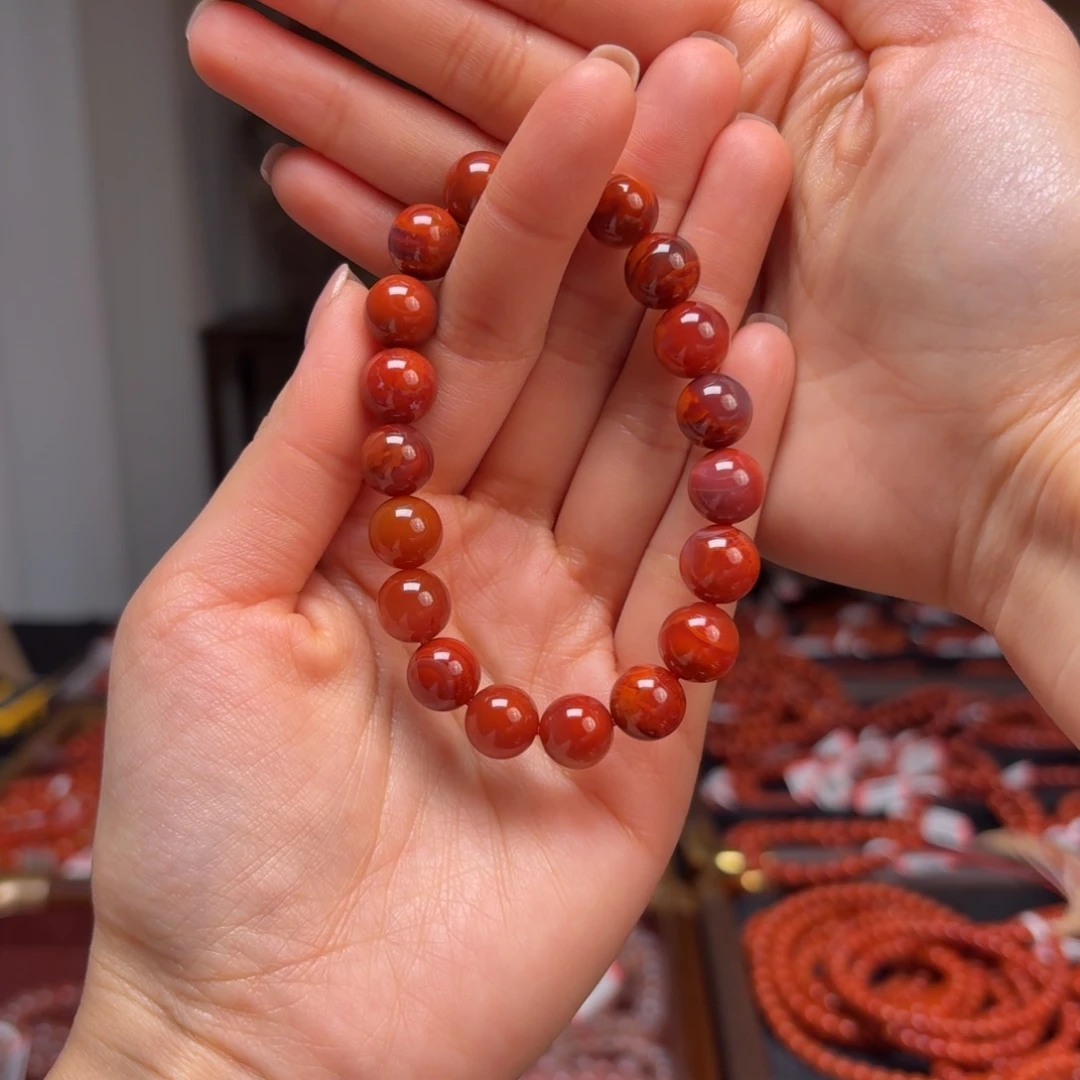 南红玛瑙未镶嵌手链原矿火焰纹10mm圆珠