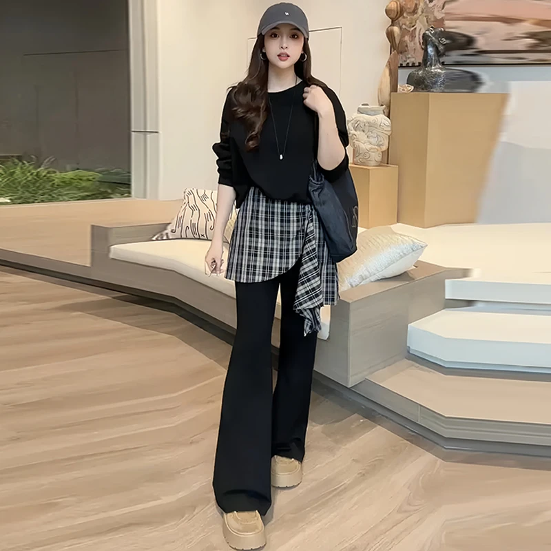 高含棉洋气休闲套装女2025春秋新款宽松斜肩卫衣格子微喇裤两件套