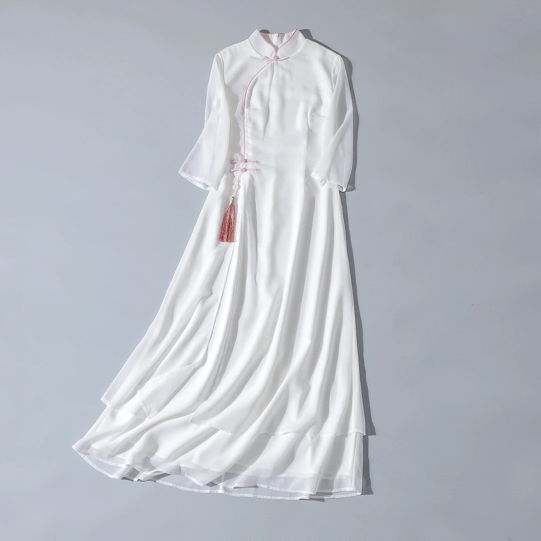 翰墨云汐中式复古茶服裙立领七分袖修身款珍珠纱改良汉服连衣裙女