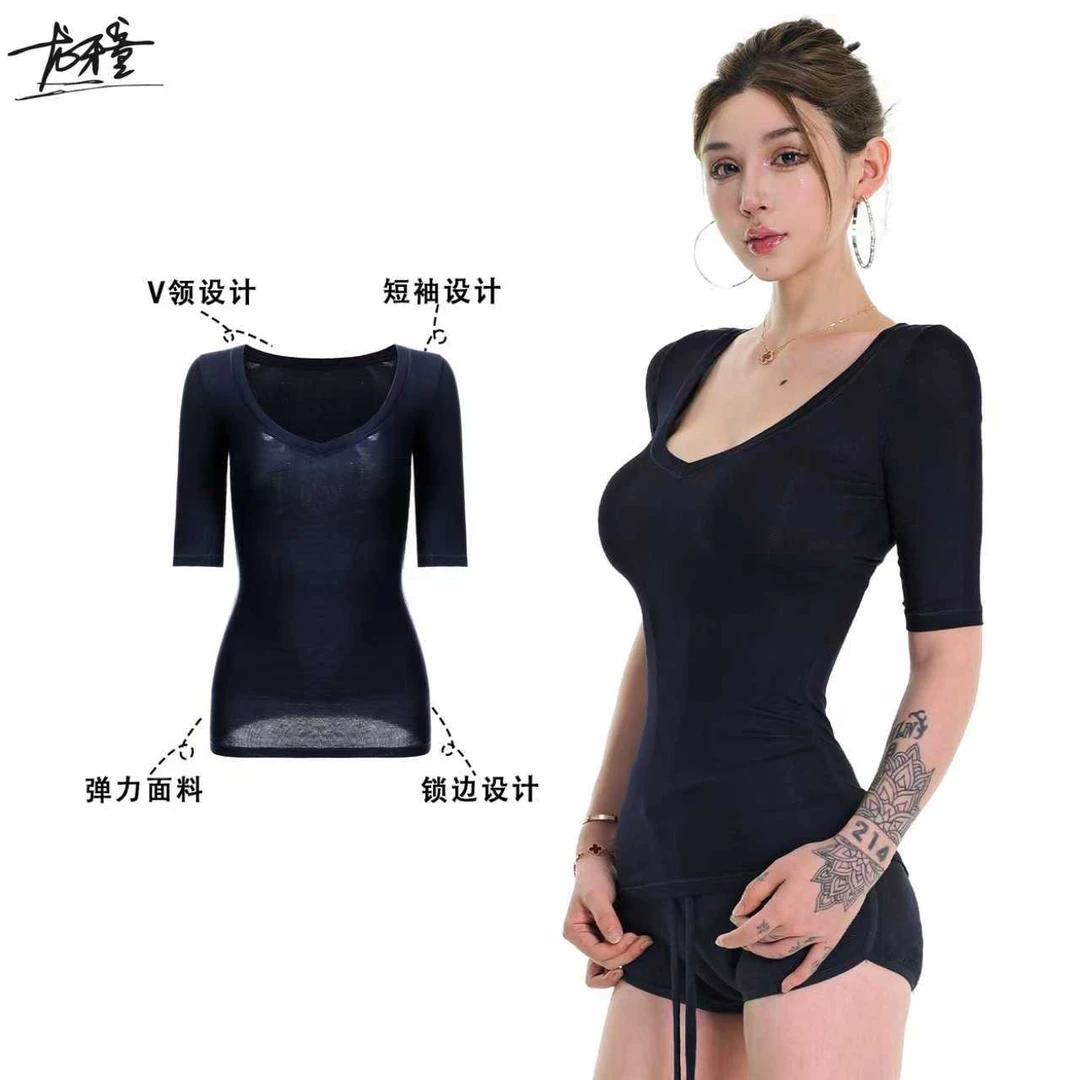 龙牙童推荐【正肩掐腰T】显瘦女款休闲t恤时尚性感修身圆领防晒透气