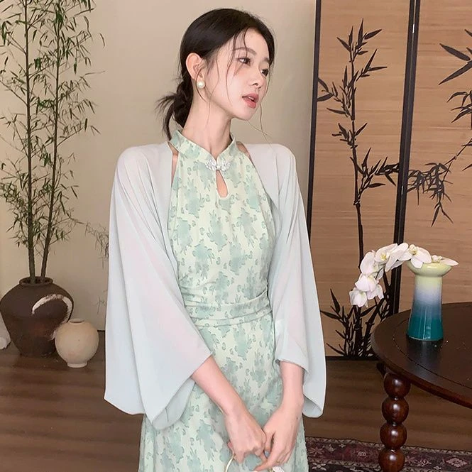 旗袍裙子外搭夏季少女风旗袍披肩法式仙女气质古风复古防嗮外搭