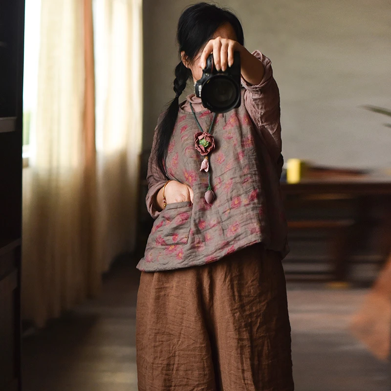 苎麻印花夹棉女式马甲文艺斜襟盘扣保暖背心中式棉坎肩老钱风女装