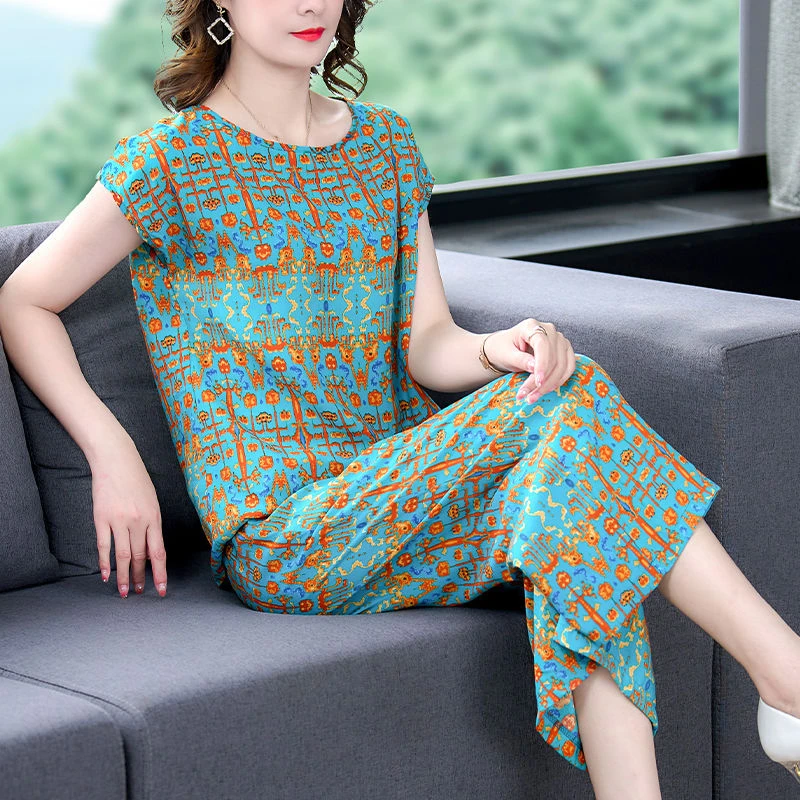 棉绸睡衣女夏天人造棉两件套装中老年妈妈装短袖家居服外穿休闲薄