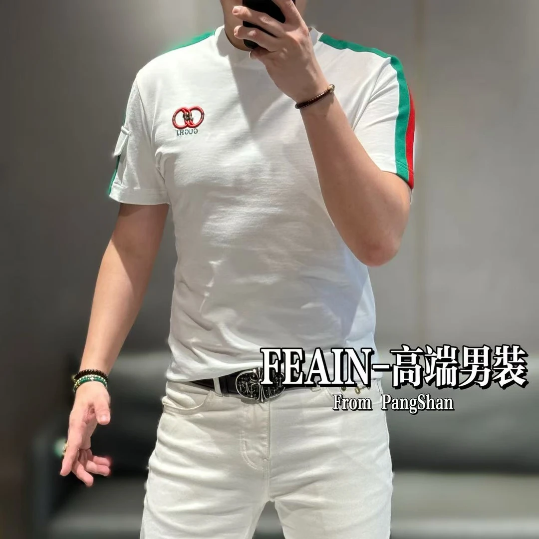 【雷迪·凯奇】高端定制立体双色织带比马棉修身短袖男士T恤8001