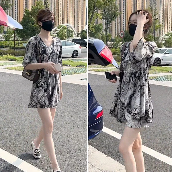 夏季雪纺套装百搭显瘦时尚连衣裙胖mm宽松大码洋气女装高档两件套