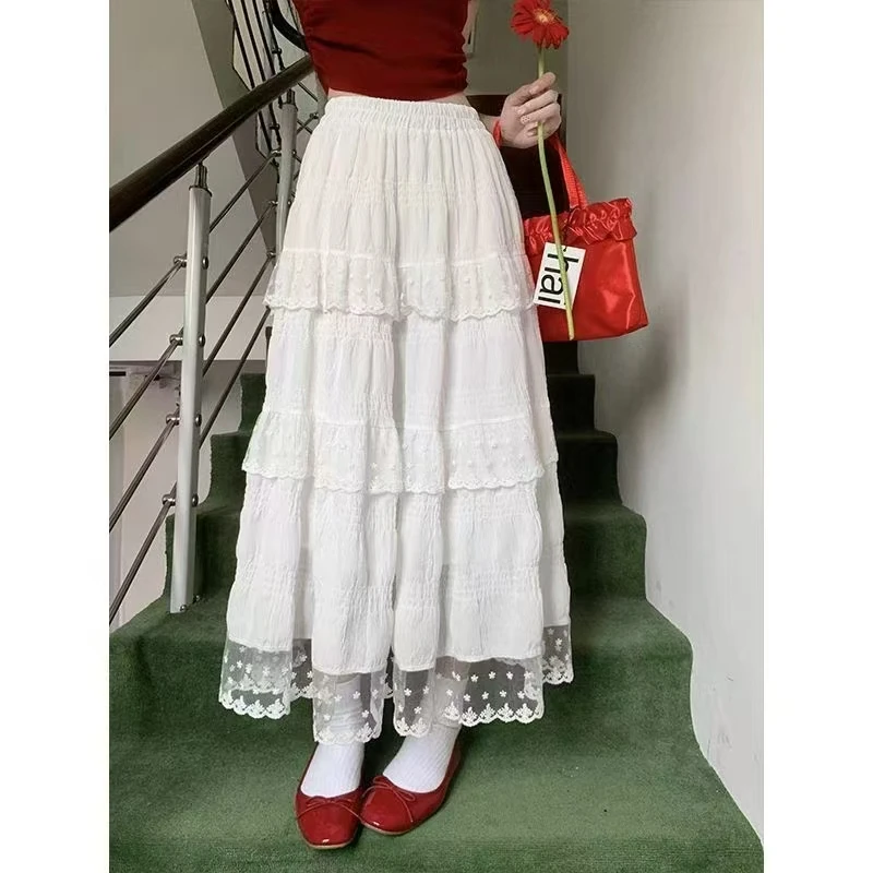 白色设计感蕾丝花边蛋糕裙半身裙女春季高腰法式长裙大摆裙A字裙