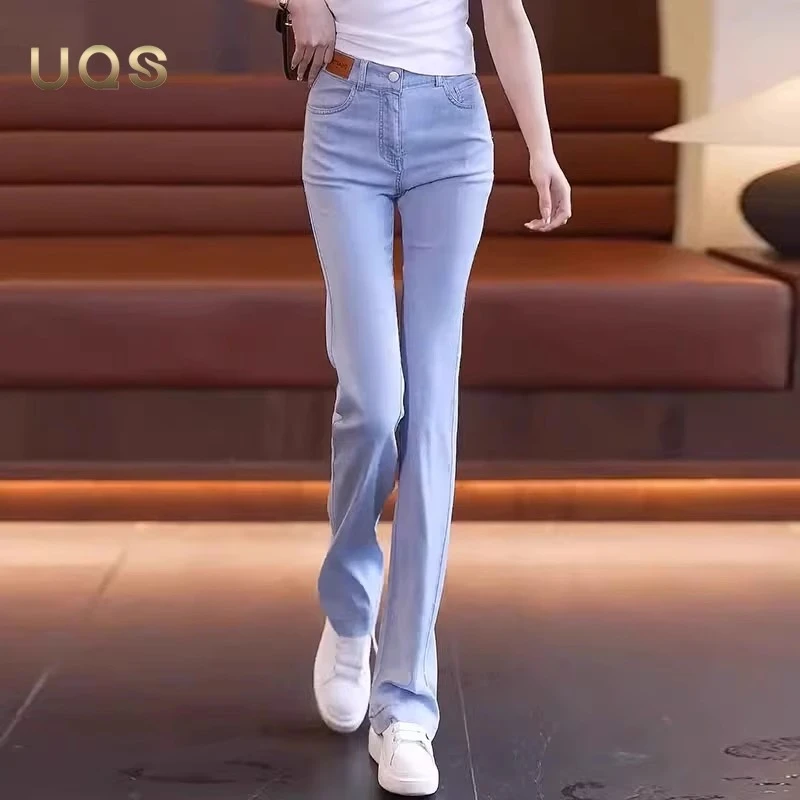 UQS早秋薄款显瘦女牛仔裤天丝喇叭裤2025年韩版修身高腰微喇长裤