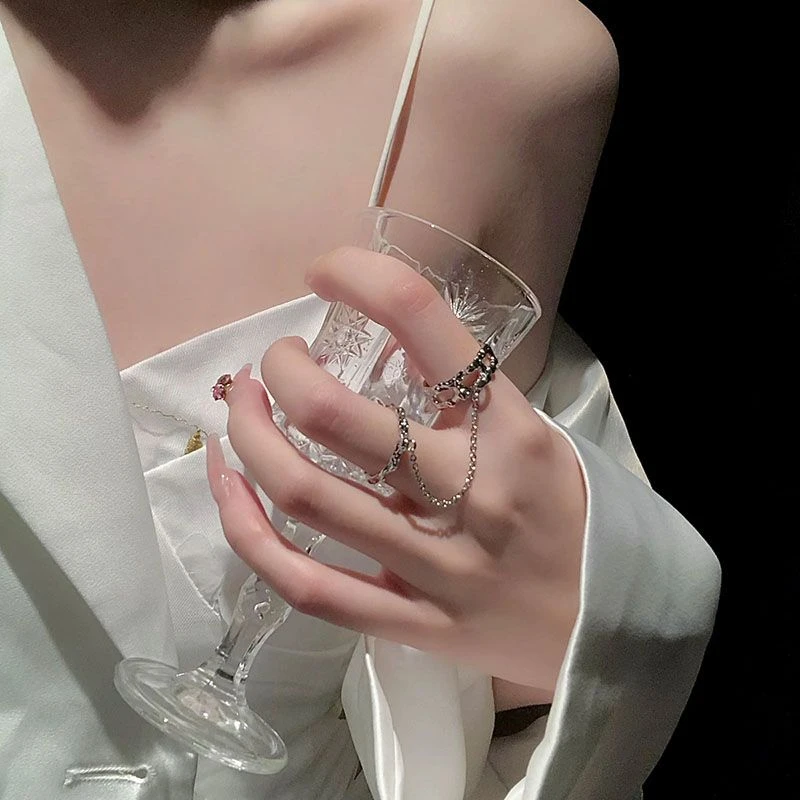 【咕噜】链条戒指女ins潮时尚个性轻奢小众设计高级冷淡风双指连体