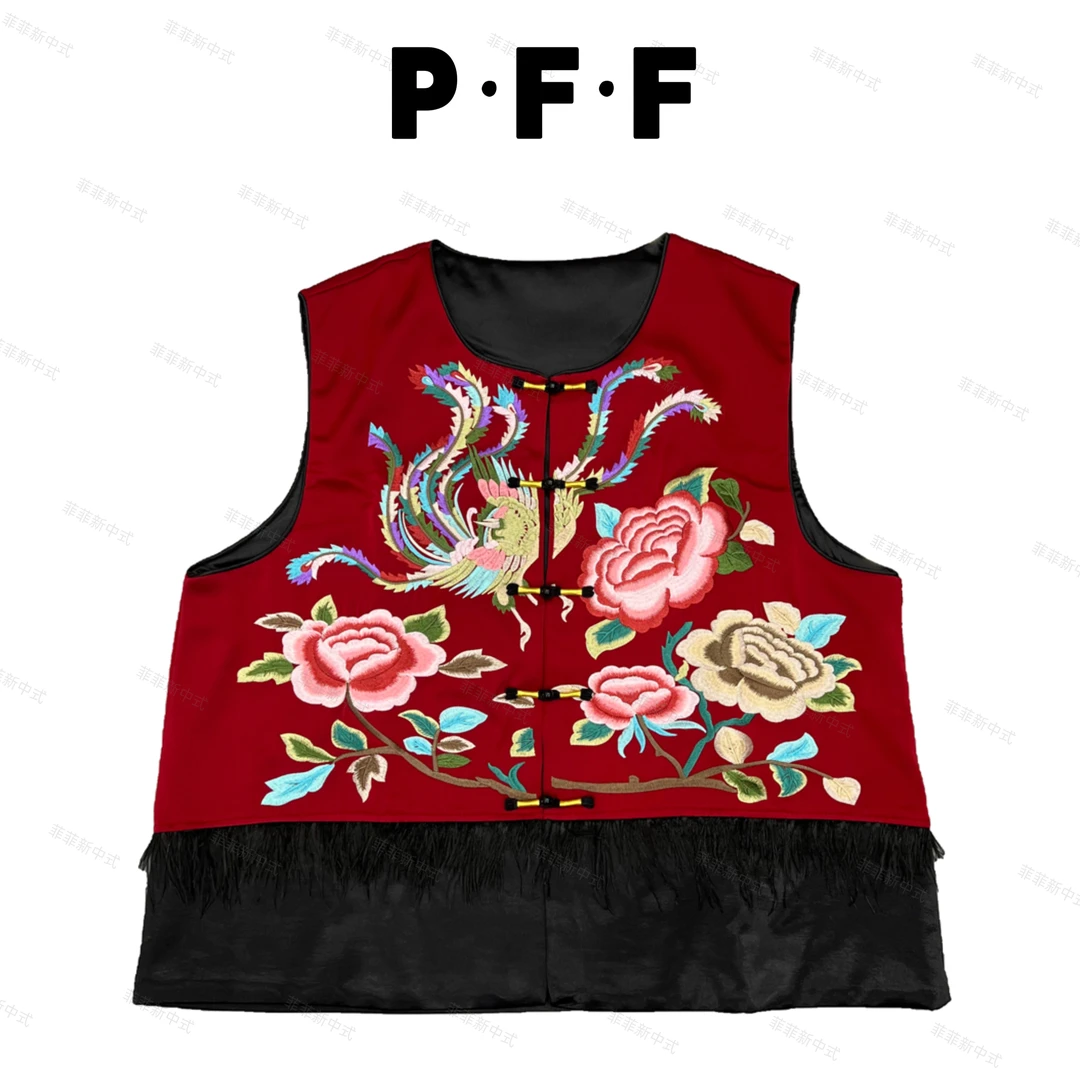 民族风刺绣马甲重工绣花刺绣无袖马夹底摆拼色流苏设计款马甲