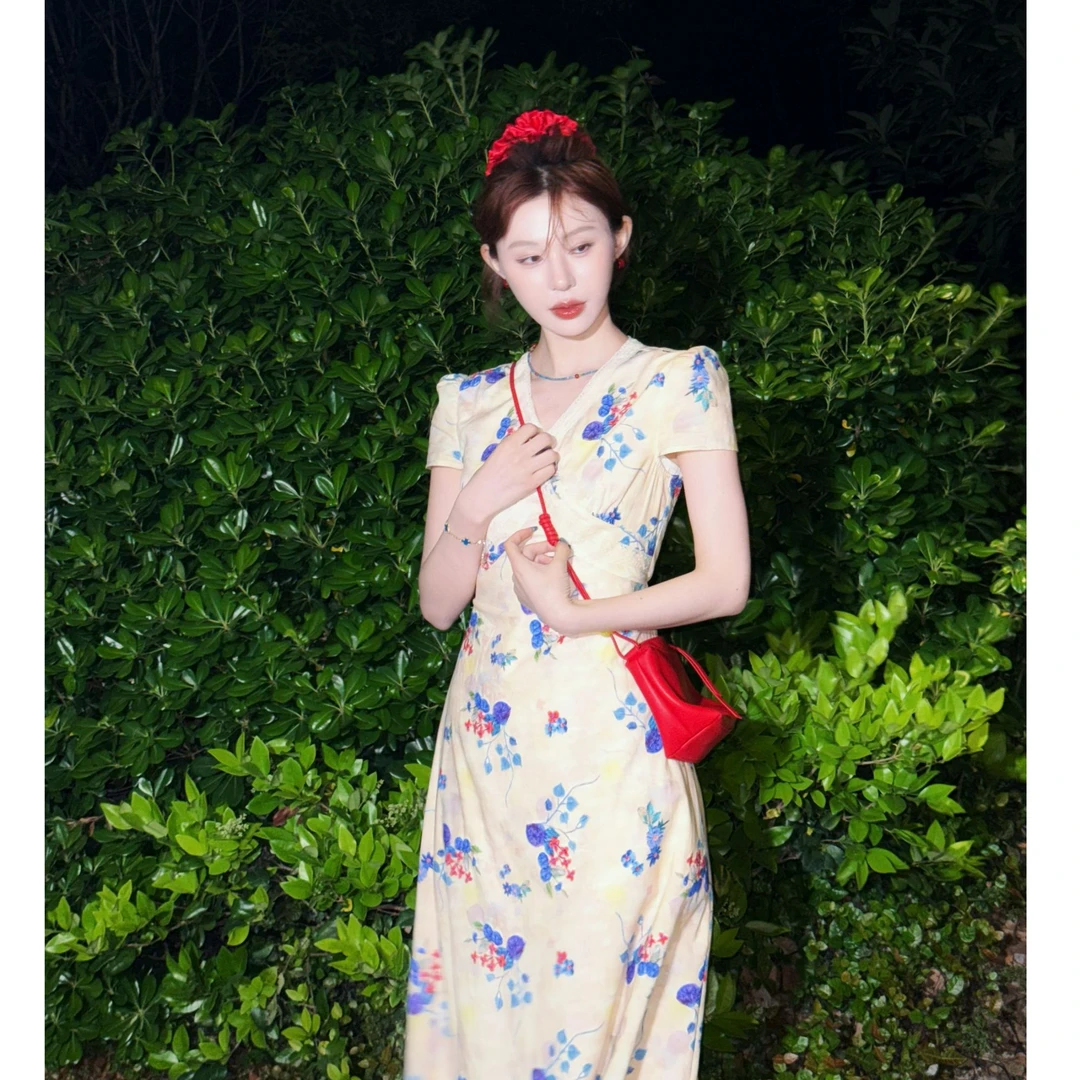 美静在这【100%棉】立体刺绣花色连衣裙夏新绝美印花长裙女XMZH7329
