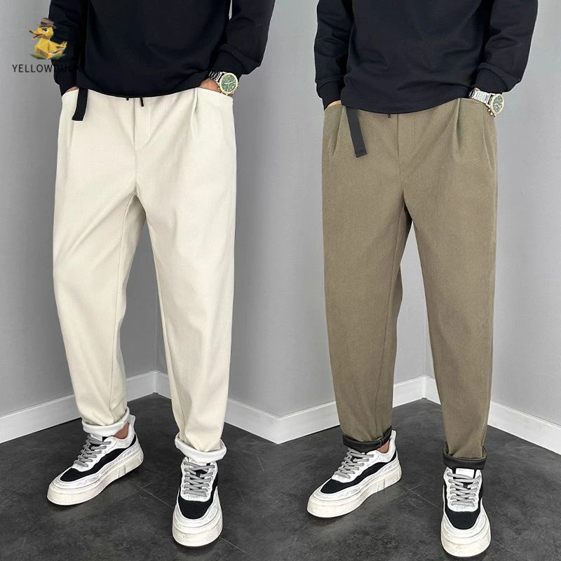 米色休闲裤子男士秋冬加厚卫裤痞帅小脚哈伦裤宽松垂感阔腿九分裤