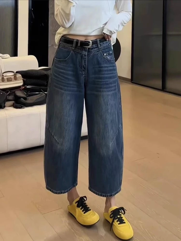 大码牛仔裤女2025夏季新款梨形身材宽松小个子高腰九分弯刀阔腿裤
