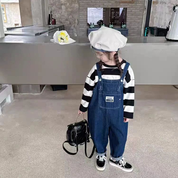 黑白条纹牛仔背带裤套装秋款3321