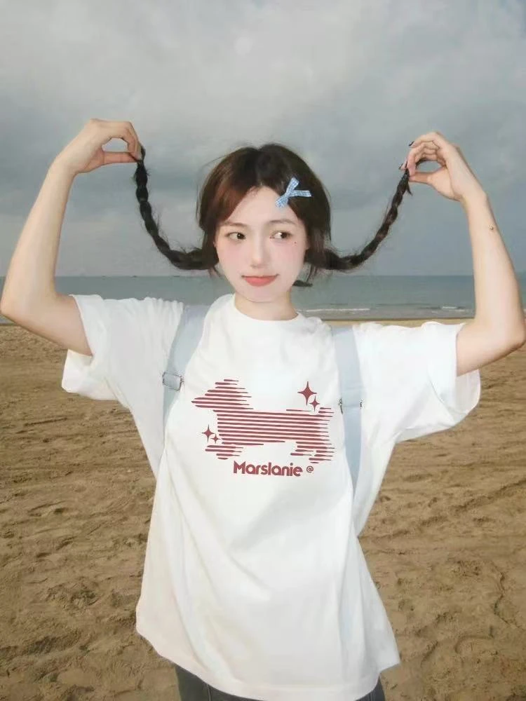 【条纹小狗】美式复古 ins潮牌卡通短袖男女情侣宽松百搭T恤