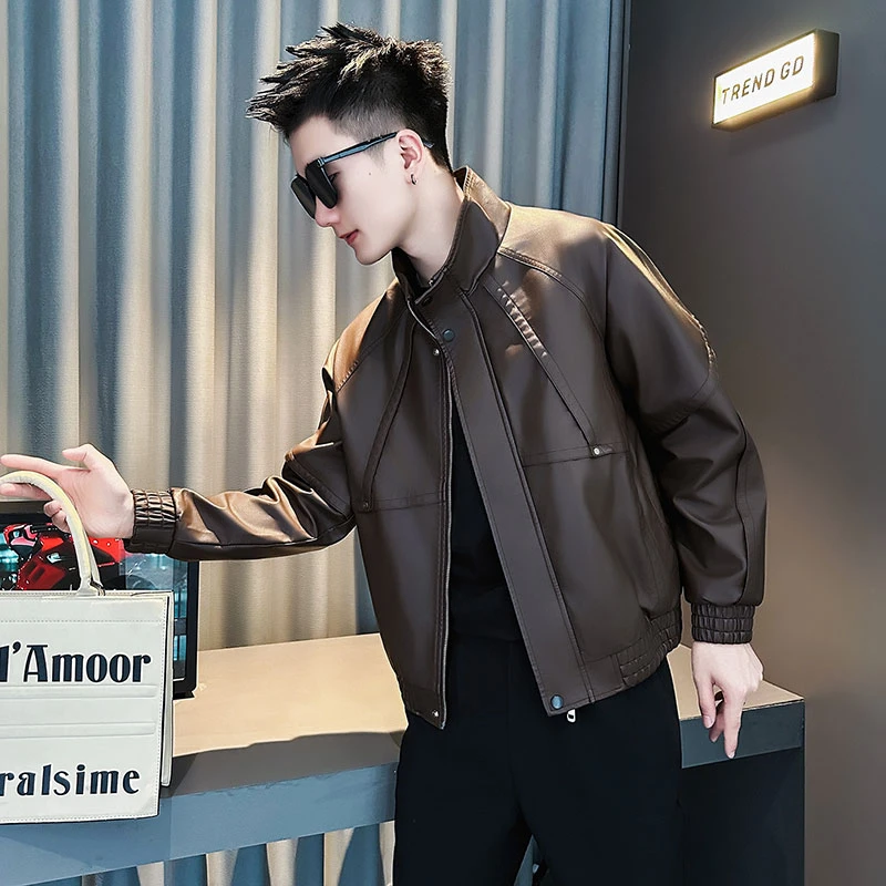 痞帅美式立领皮衣外套男士秋冬季潮流机车服解构拼接PU皮夹克男装