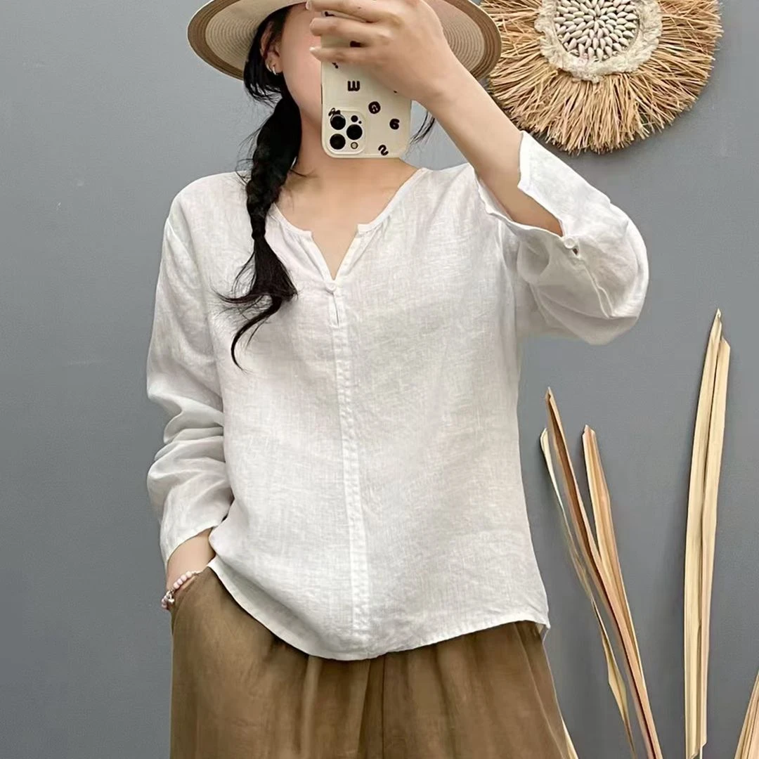 纯亚麻套头上衣 衣长60左右 版型正 全包边