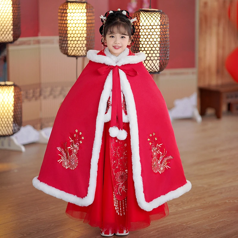 冬季中国风连帽斗篷加厚外出加绒加厚女汉服古装外套女童汉服套装