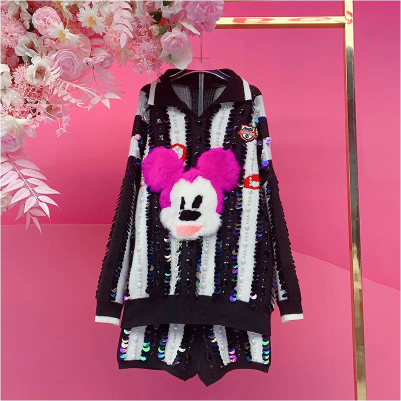 P2212欧美设计师2025冬季新款重工刺绣亮片免毛卡通条纹毛衣套装